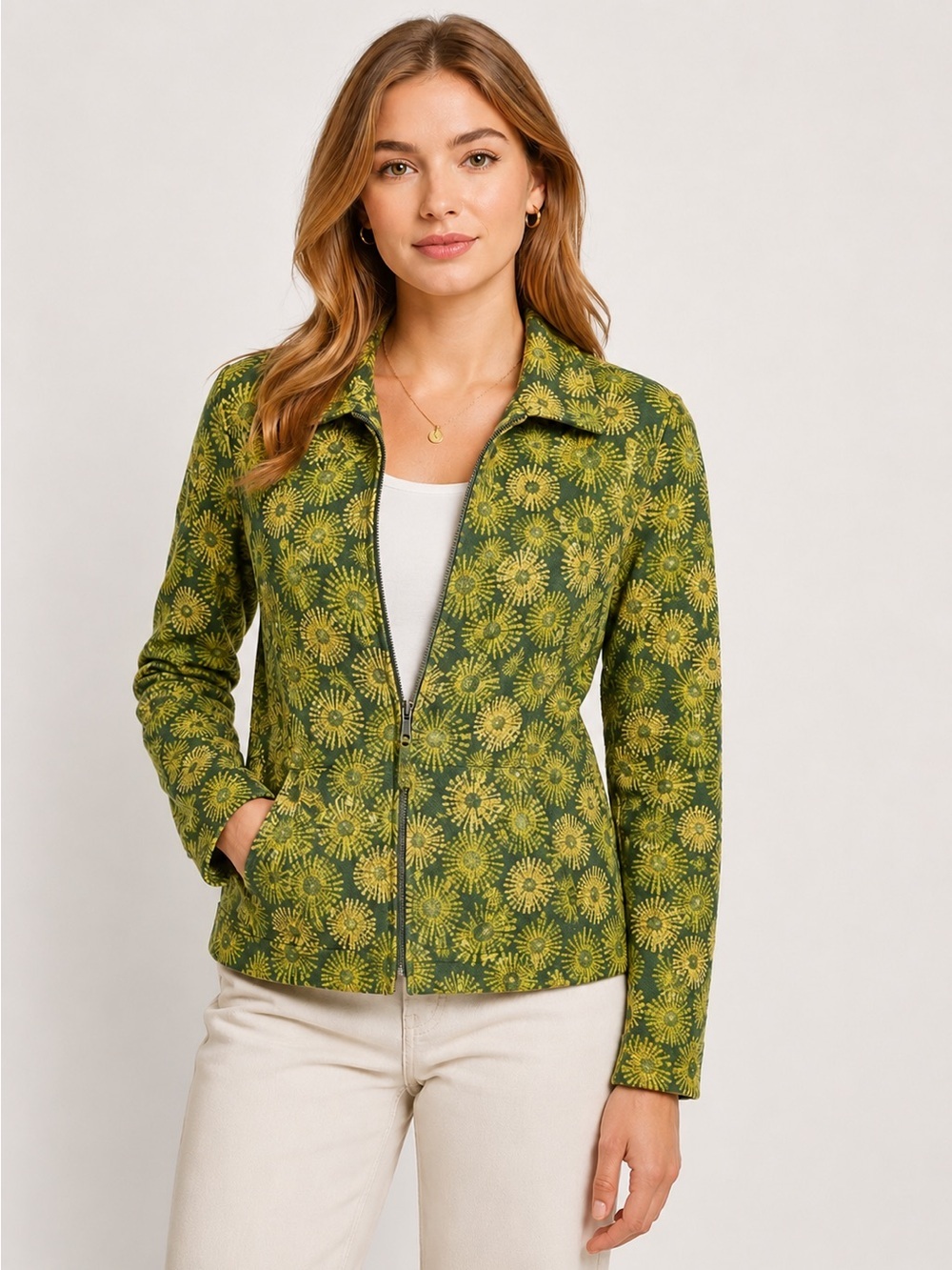 Christopher & Banks Stretch Floral Print Zip Front Jacket Green Yellow Size S